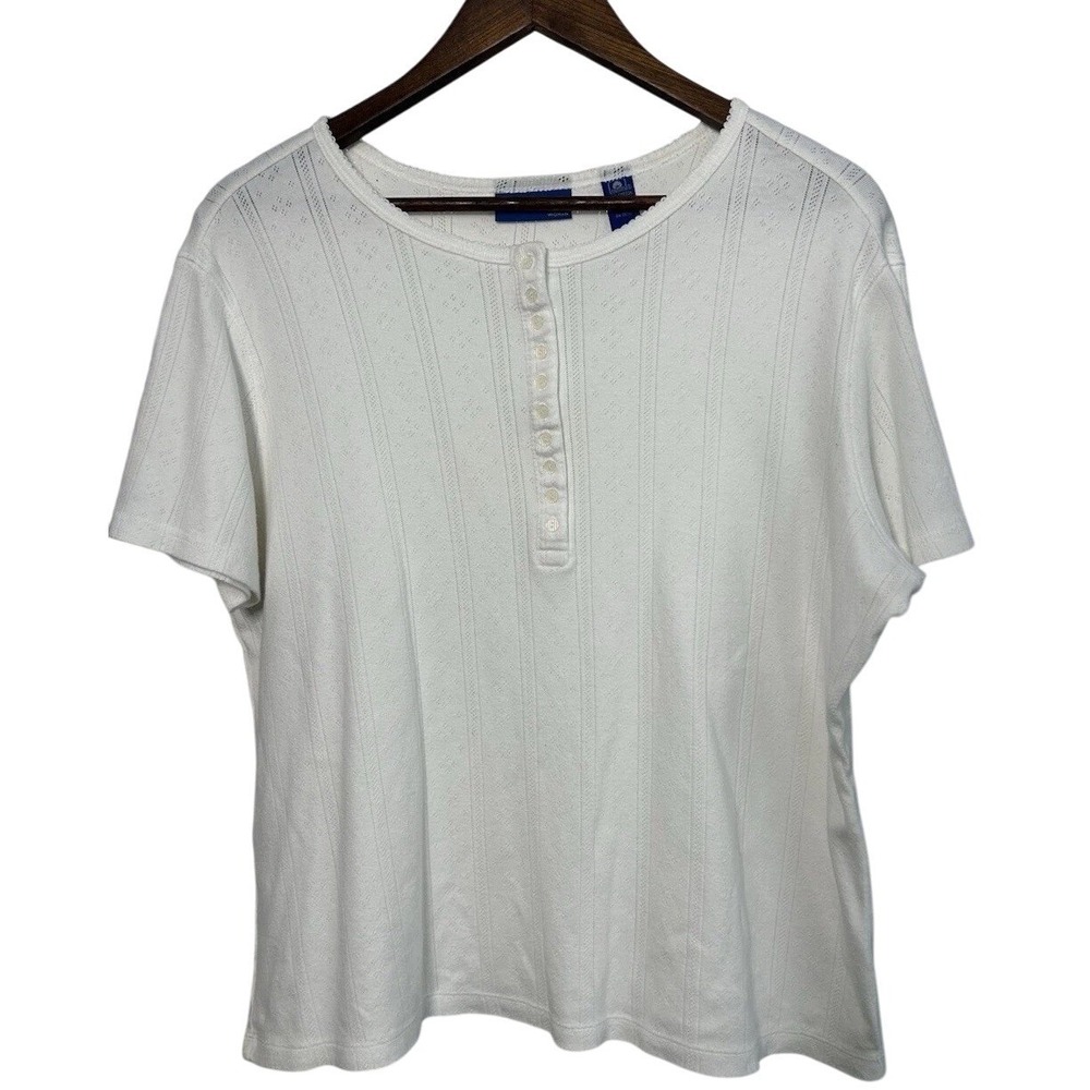 Karen Scott Sport Women 1X Floral Knit White Shirt Dollcore Babydoll Girlhood